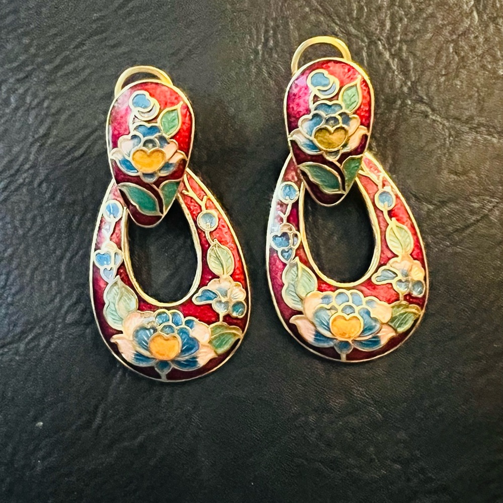 55. Cloisonne Floral Enamel Drop Earrings